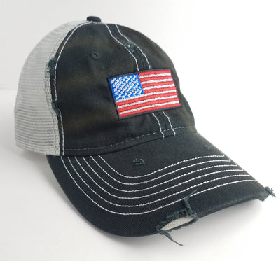 Hat - American Flag Black Weathered Trucker